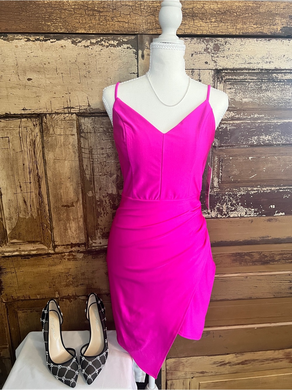 Emerald Sundae Hot Pink Satin Ruched Asymmetrical Dress | NWT | Size L